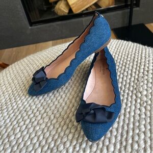 Kate Spade Nannete Denim Scalloped Ribbon Bow Pointed Toe Flats